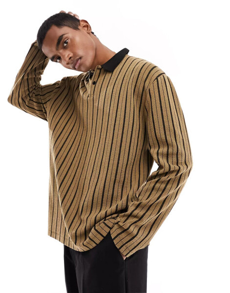 ASOS DESIGN relaxed long sleeve polo in textured stripe