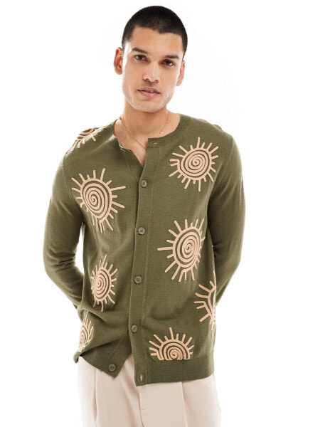 ASOS DESIGN knitted cardigan in khaki with sun embroidery