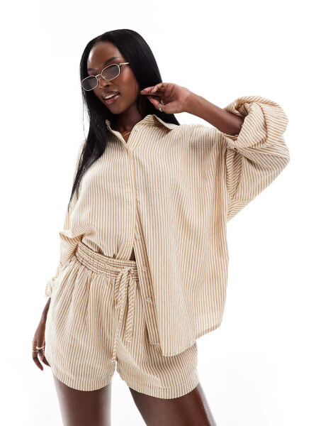 Aria Cove oversized beach shirt co-ord in beige stripe