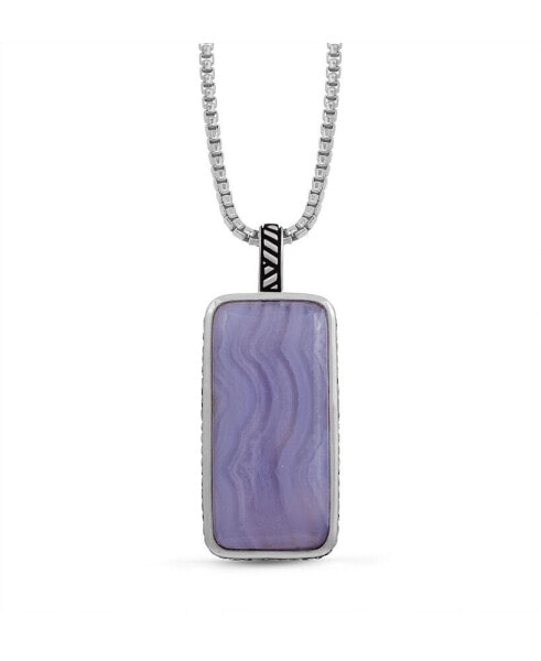 Blue Lace Agate Gemstone Sterling Silver Men Tag in Black Rhodium Plated with Chain