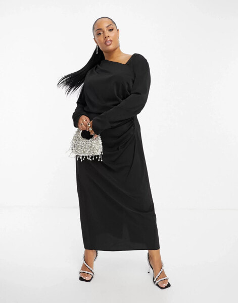 ASOS DESIGN Curve asymmetric neck ruched sleeve midi dress in black