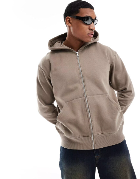 ASOS DESIGN heavyweight oversized zip through hoodie in beige