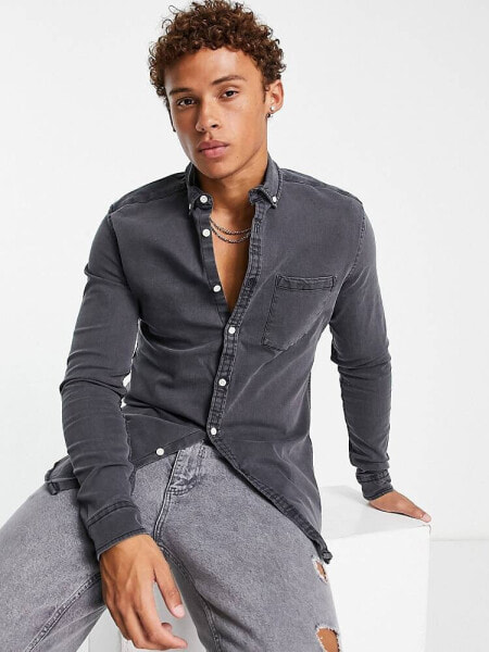 ASOS DESIGN stretch slim denim shirt in washed black