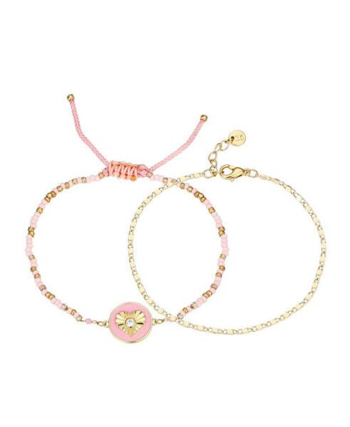 14K Gold Flash-Plated Brass Cubic Zirconia Pink Heart Cord and Chain Bracelet