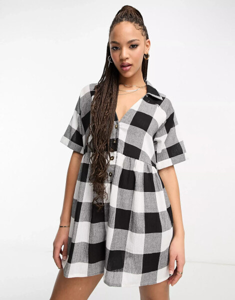 ASOS DESIGN crinkle collared smock playsuit in mono gingham