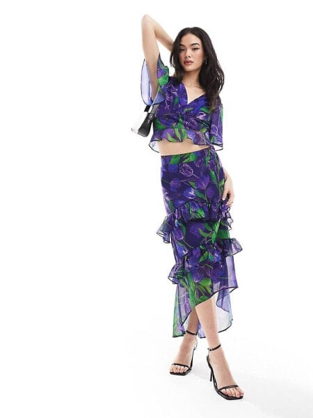 Hope & Ivy Drew ruffle midi skirt in purple & green co-ord