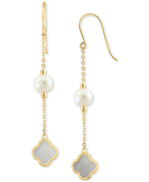 EFFY® Freshwater Pearl & Mother-of-Pearl Clover Linear Drop Earrings in 14k Gold