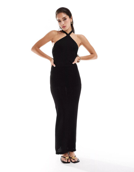 Pretty Lavish scallop trim knit halter midaxi dress in black