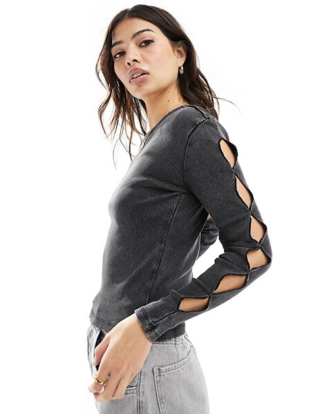 ONLY open long sleeve top in washed grey 