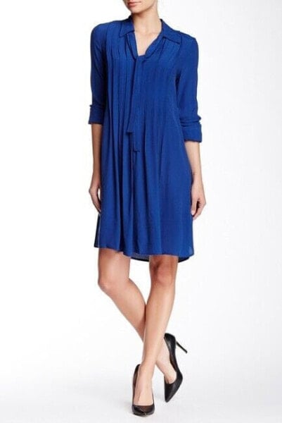 Max Studio 125947 Long Sleeve Tie Neck Pleated Shirt Dress -Small $138