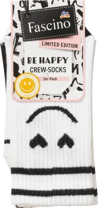 Crew Socken mit Smiley-Motiv weiß + schwarz Gr. 39-42, 2 St