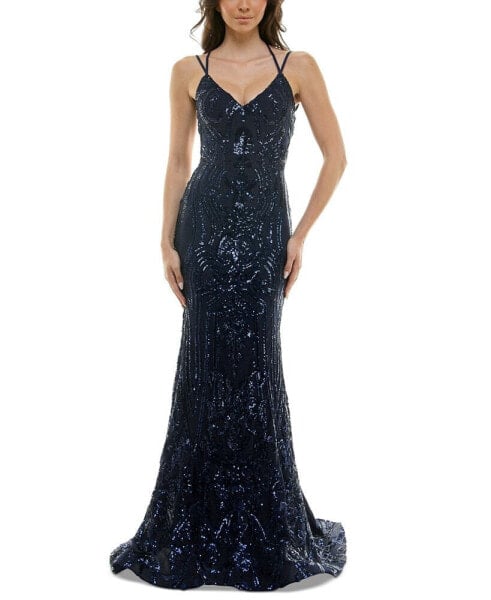 Juniors' Sequined Lace-Up Gown