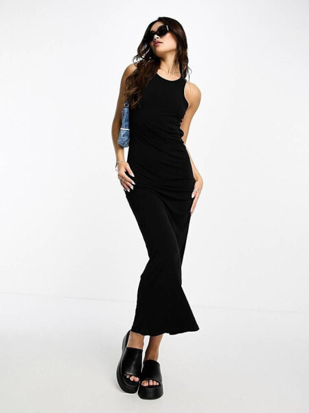 Stradivarius rib tank midi dress in black 