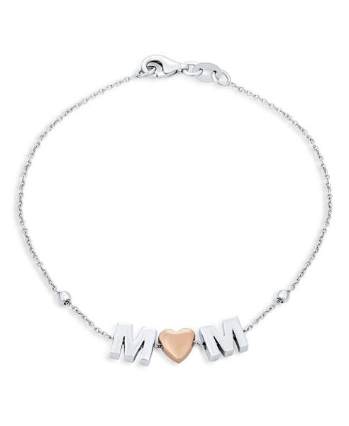 Dainty Delicate Block Letters Station Rose Heart MOM Word Bracelet For Women Mother Sterling Silver 7.5 Inch