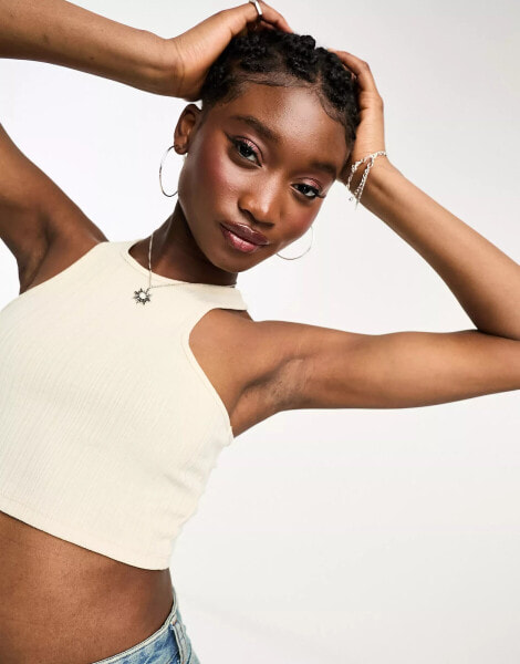 Monki shrunken crop vest top in light beige