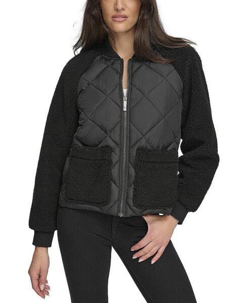 Women's Mixed Sherpa and Quilt Bomber Jacket