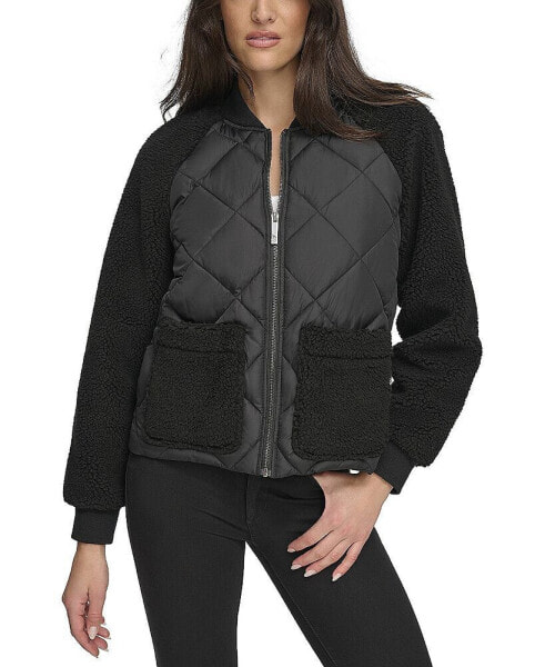 Women's Mixed Sherpa And Quilt Bomber Jacket