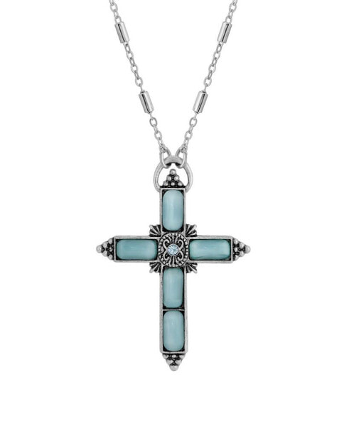 Silver-Tone Aqua Moonstone Aqua Crystal Cross 20" Necklace