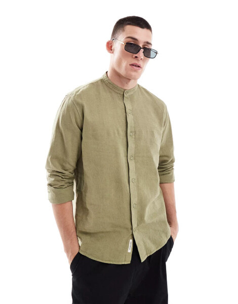 Pull&Bear linen look grandad neck shirt in green