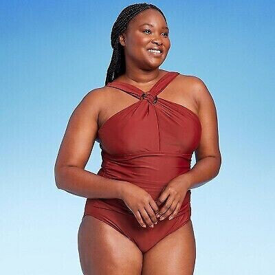 Women's Ring Crossover Ruched Full Coverage One Piece Swimsuit - Kona Sol Red L