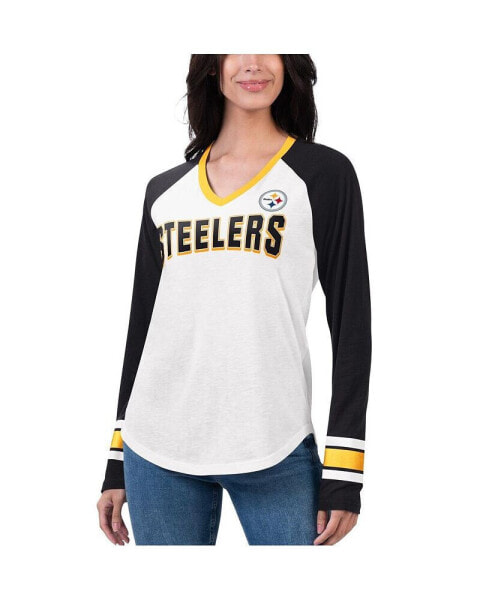 Women's White, Black Pittsburgh Steelers Top Team Raglan V-Neck Long Sleeve T-shirt
