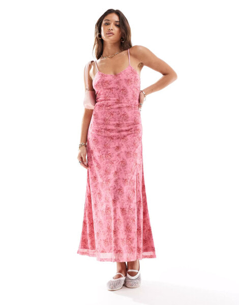 Brave Soul mesh cami dress with leg split in pink floral print