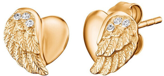 Gold-plated silver earrings Heart with angel wings and zircons ERE-LILHW-STG