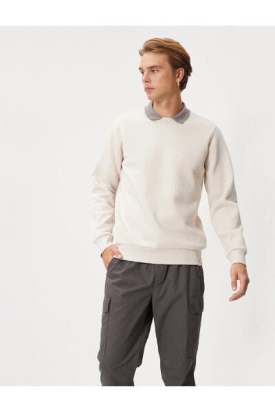 Basic Sweatshirt Polo Yaka Etiket Baskı Detaylı Ribanalı Şardonlu