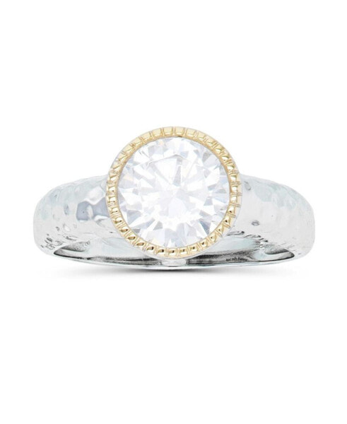 Cubic Zirconia Two Tone Milgrain Bezel Set Hammered Ring