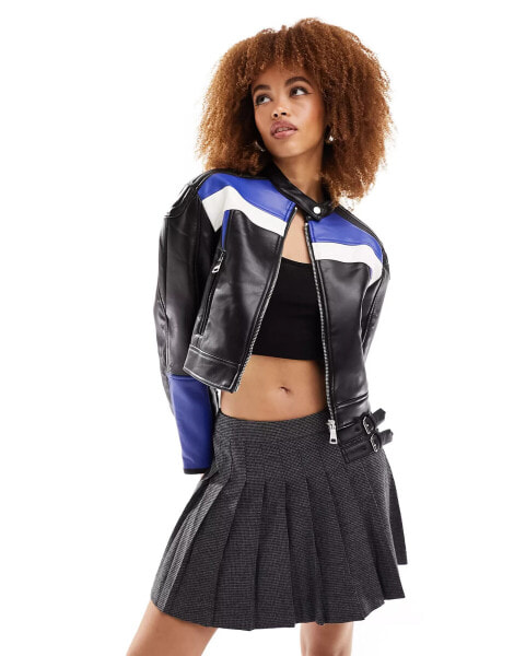 Lioness leather look biker jacket in black and blue stripe