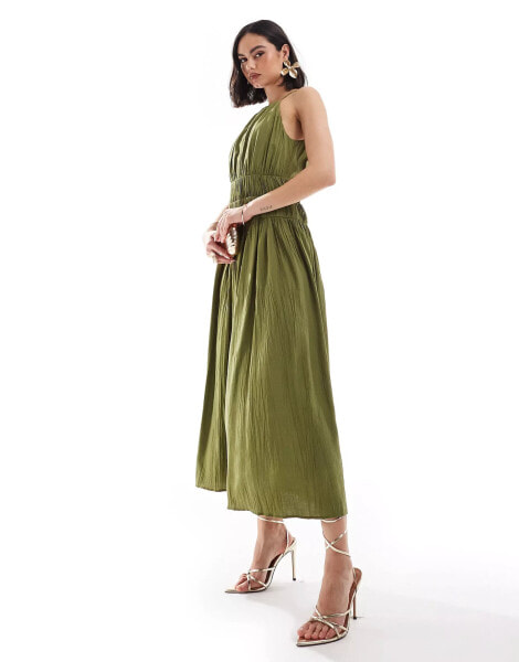 & Other Stories plisse midaxi dress with shirred detail in khaki green