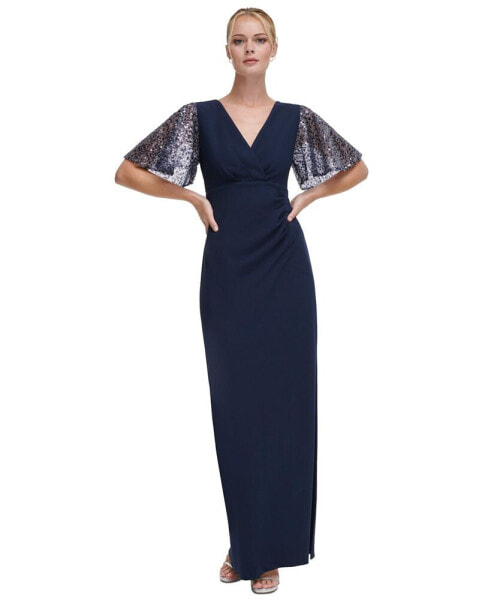 Women's V-Neck Sequin Flutter-Sleeve Gown