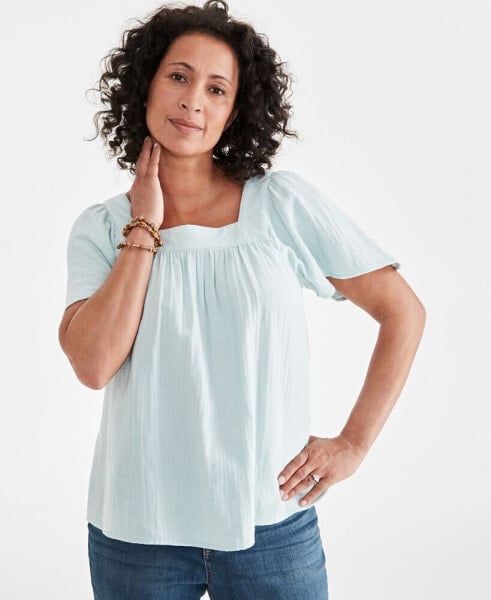 Petite Cotton Square-Neck Raglan-Sleeve Top, Created for Macy's