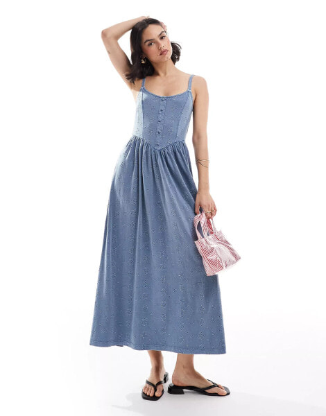 ASOS DESIGN cami with button front princess seam full skirt midi dress in blue denim wash