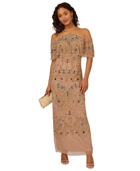 Women's Beaded Mesh Cold-Shoulder Gown