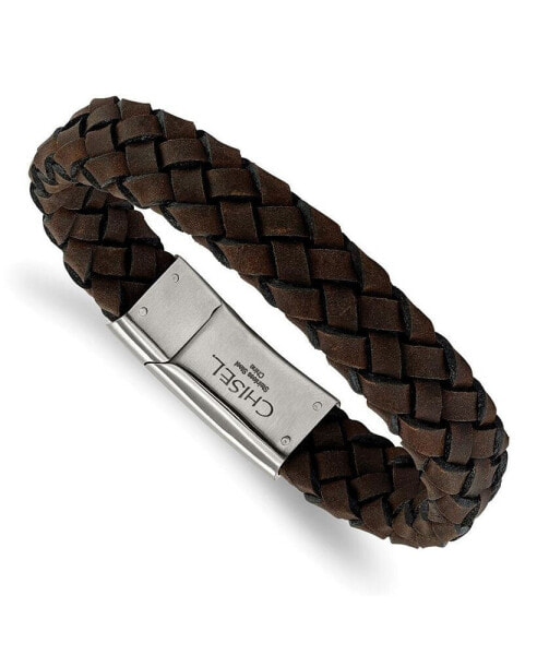 Stainless Steel Brushed Brown Braided Leather Bracelet