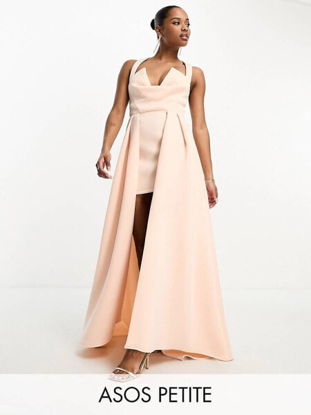 ASOS DESIGN Petite halter v neck premium maxi dress with exaggerated outer skirt in peach pink