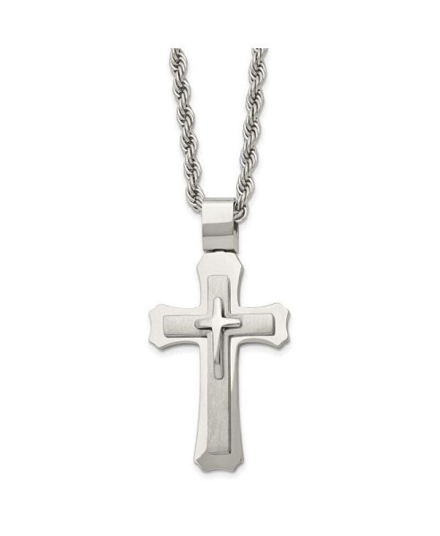 Chisel brushed Triple Layer Cross Pendant Rope Chain Necklace