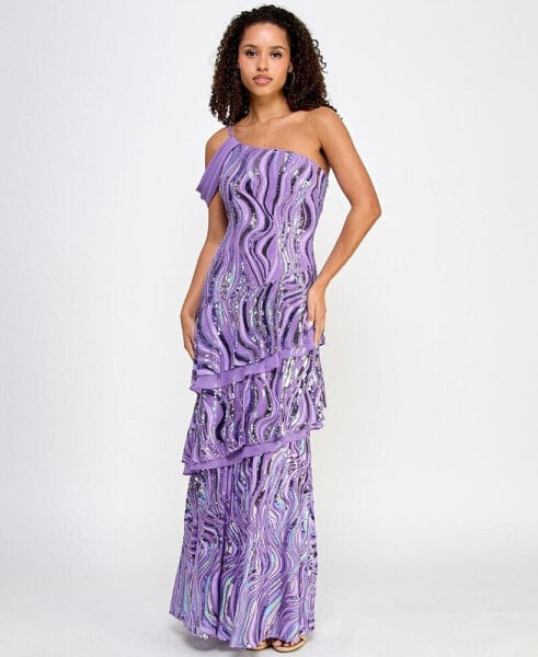 Juniors' Sequin Embellished Tiered Asymmetric Gown