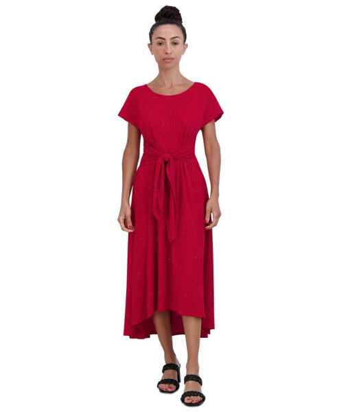 Women's Round-Neck Tie-Waist High-Low Hem Dress