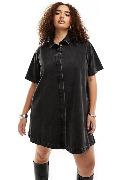 ASOS DESIGN Curve short sleeve denim shirt dress in wash black