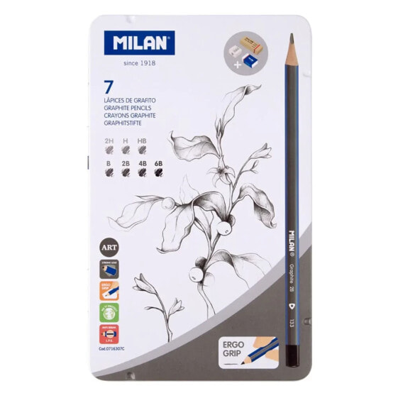 MILAN Metal Case 7 Graphite Pencils++Eraser+Pencil Sharpener