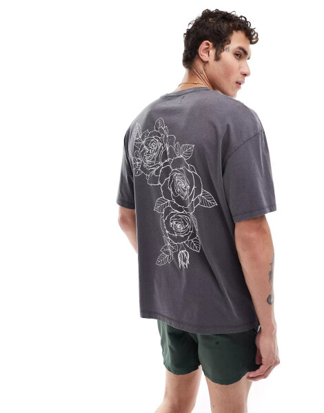 ADPT oversized rose back print t-shirt in dark grey