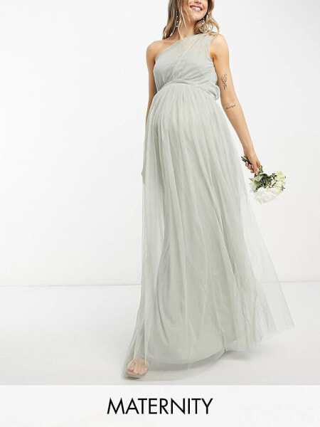 Anaya With Love Maternity Bridesmaid tulle one shoulder maxi dress in sage green