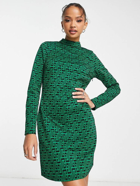 New Look long sleeve mini dress in green pattern