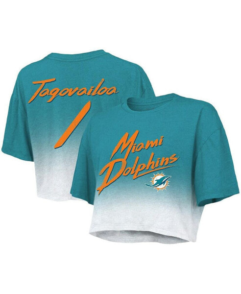 Women's Threads Tua Tagovailoa Aqua, White Miami Dolphins Drip-Dye Player Name and Number Tri-Blend Crop T-shirt