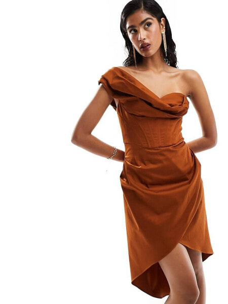 ASOS DESIGN corset fallen shoulder drape mini dress in rust