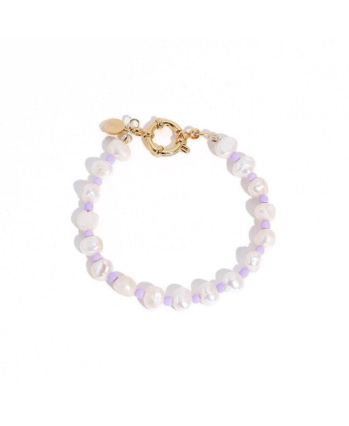 18K Gold Plated Freshwater Pearls with Purple Glass Beads - Taro Bracelet 10" For Women