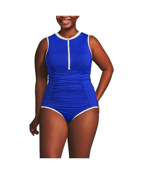Plus Size Chlorine Resistant High Neck Zip Front One Piece Swimsuit