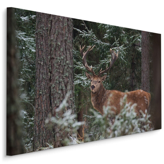 Leinwandbild Hirsch WALD Winter Bäume 3D